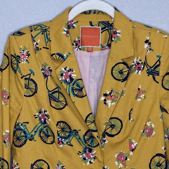 ModCloth Blazer Womens Small Bicycle Floral Print Jacket Single Button Fun - Picture 4 of 7